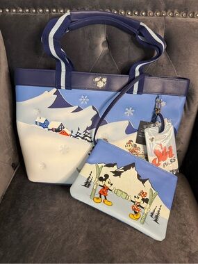 Disney Blue & White Ski Resort Tote with Matching Mickey & Minnie Pouch
